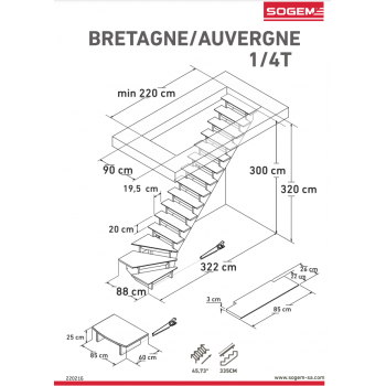 Escalier Droit ou Quart Tournant Chêne Brut Auvergne 260 à 340 cm