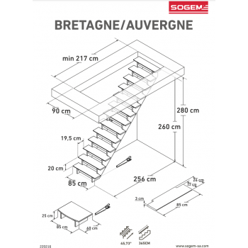 Escalier Droit ou Quart Tournant Chêne Brut Auvergne 260 à 340 cm