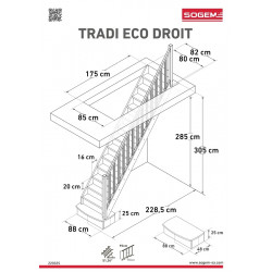 Escalier Classique TRADI ECO Hêtre hauteur 260 à 305 cm