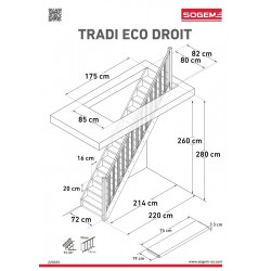 Escalier Classique TRADI ECO Hêtre hauteur 260 à 305 cm